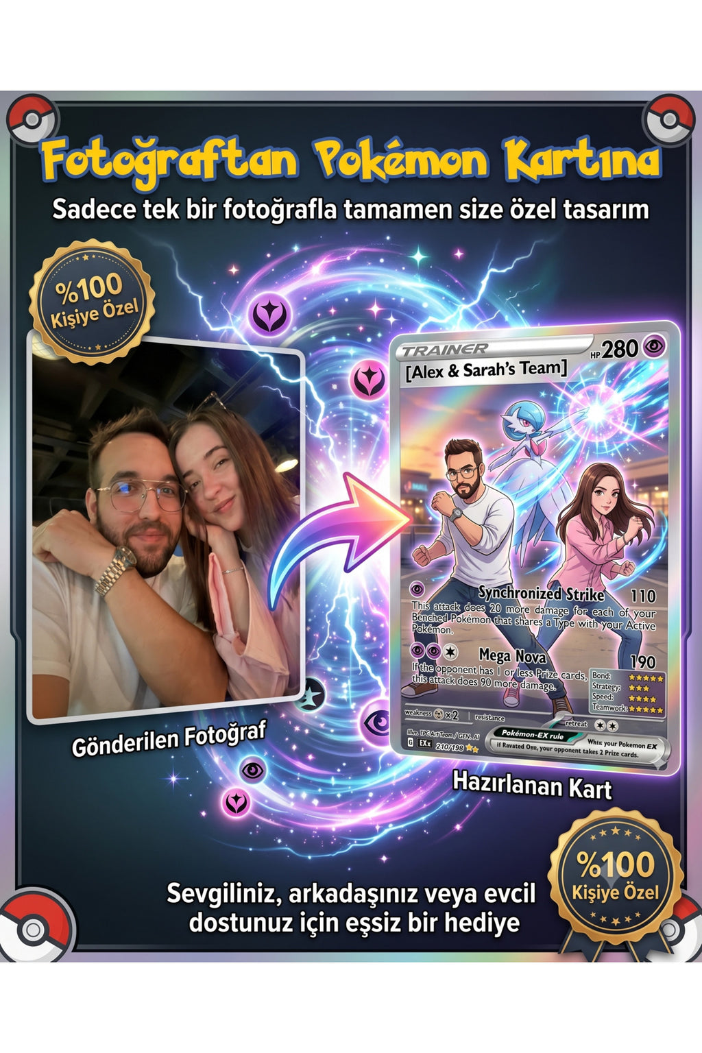 Özel Tasarım Kişiselleştirilebilir Pokémon Kartı - Sevgiliye, Arkadaşa ve Çocuklara Fotoğraflı ve İsimli Hatıra Tasarım Kartı