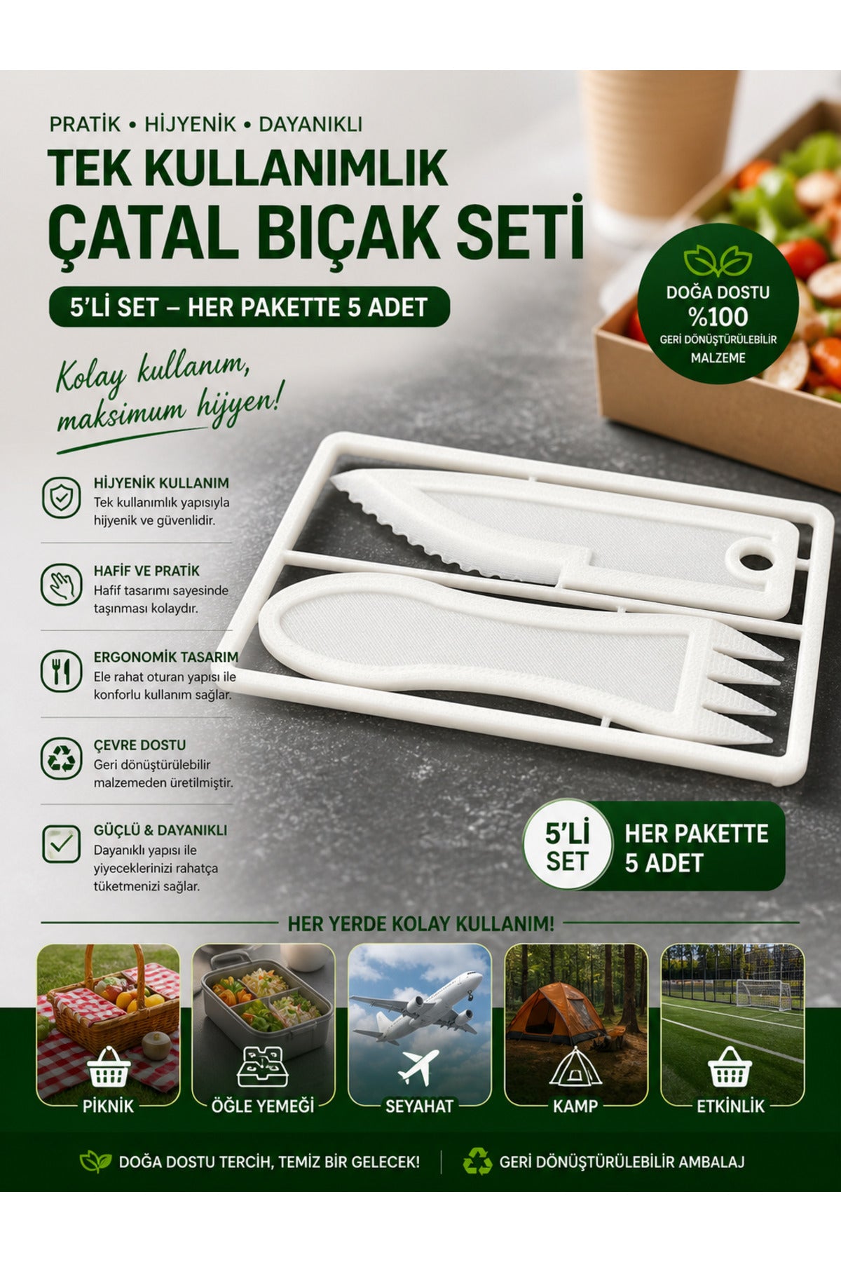 Kullan AT Hijyenik Çatal Bıçak Seti (5'li Paket) - Kamp, Seyahat, Ofis ve Piknik İçin Pratik Set
