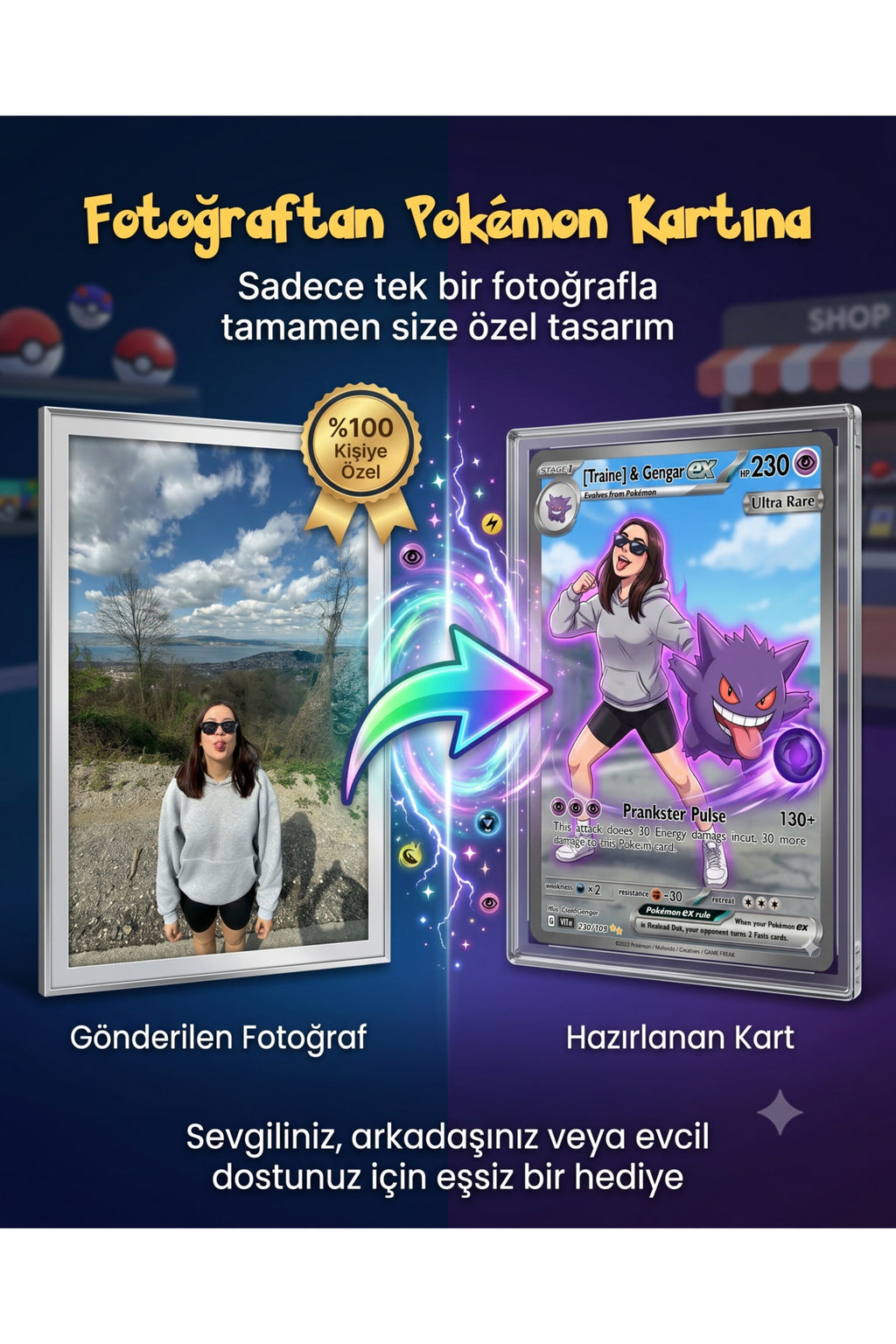 Özel Tasarım Kişiselleştirilebilir Pokémon Kartı - Sevgiliye, Arkadaşa ve Çocuklara Fotoğraflı ve İsimli Hatıra Tasarım Kartı