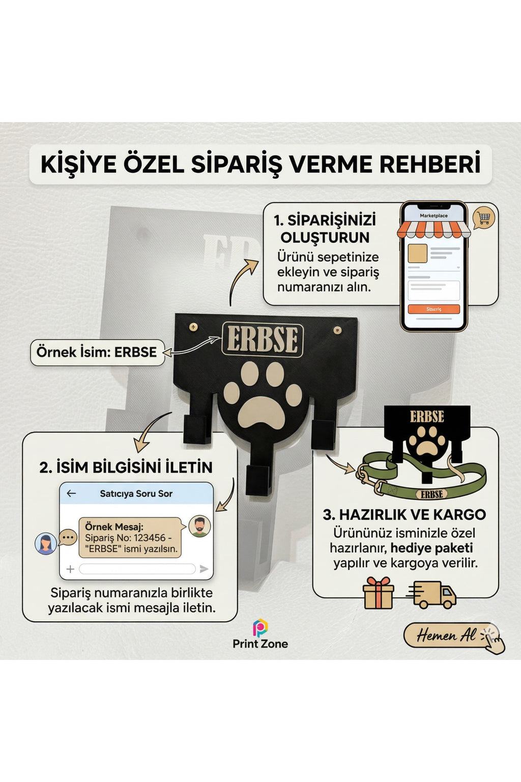İsme Özel Evcil Hayvan Tasma ve Aksesuar Askısı - 3 Kancalı Pati Desenli Duvar Düzenleyici
