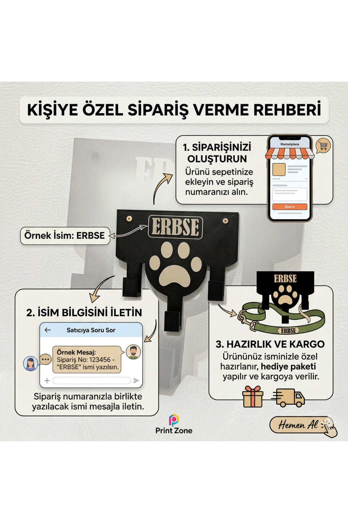 İsme Özel Evcil Hayvan Tasma ve Aksesuar Askısı - 3 Kancalı Pati Desenli Duvar Düzenleyici