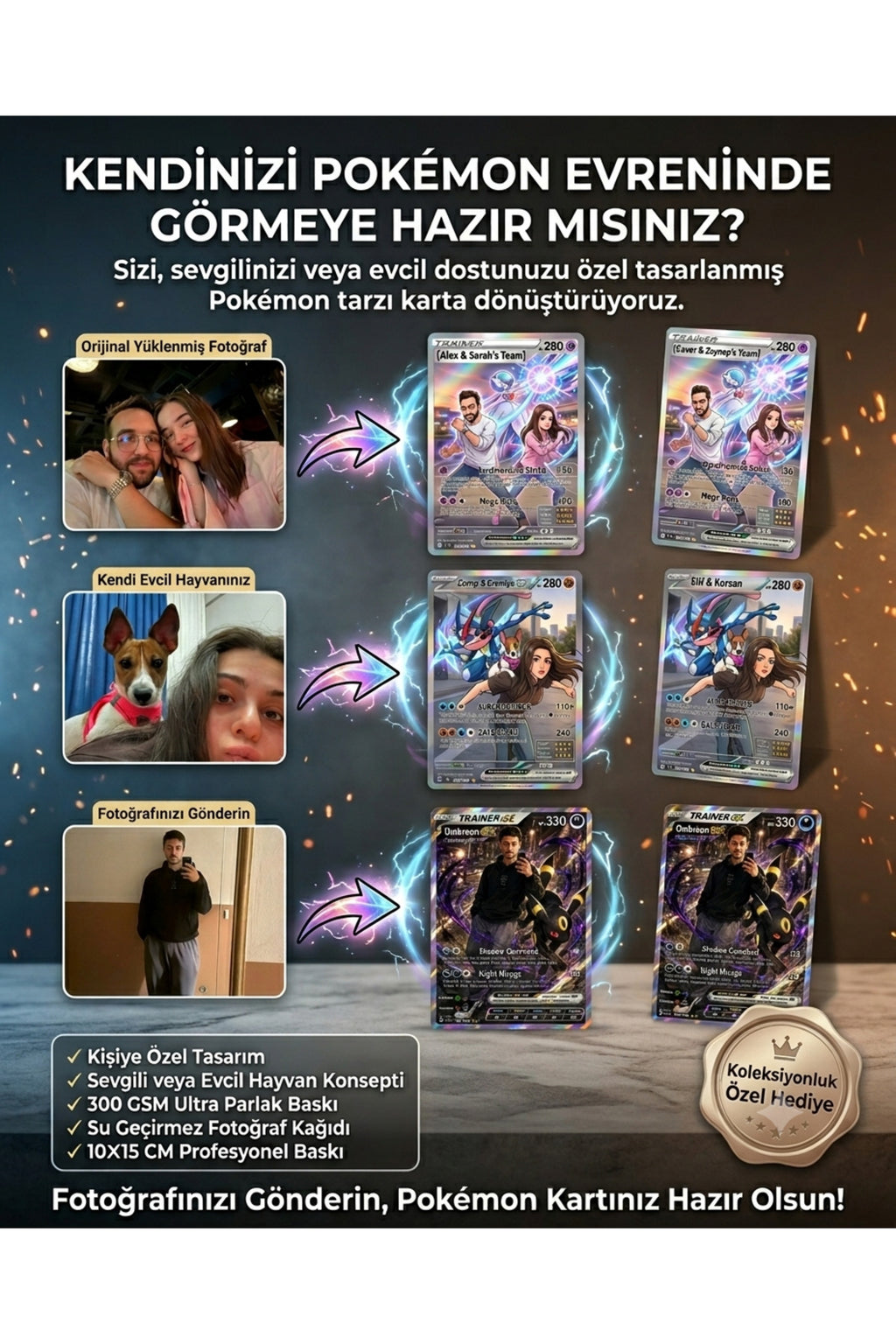 Özel Tasarım Kişiselleştirilebilir Pokémon Kartı - Sevgiliye, Arkadaşa ve Çocuklara Fotoğraflı ve İsimli Hatıra Tasarım Kartı
