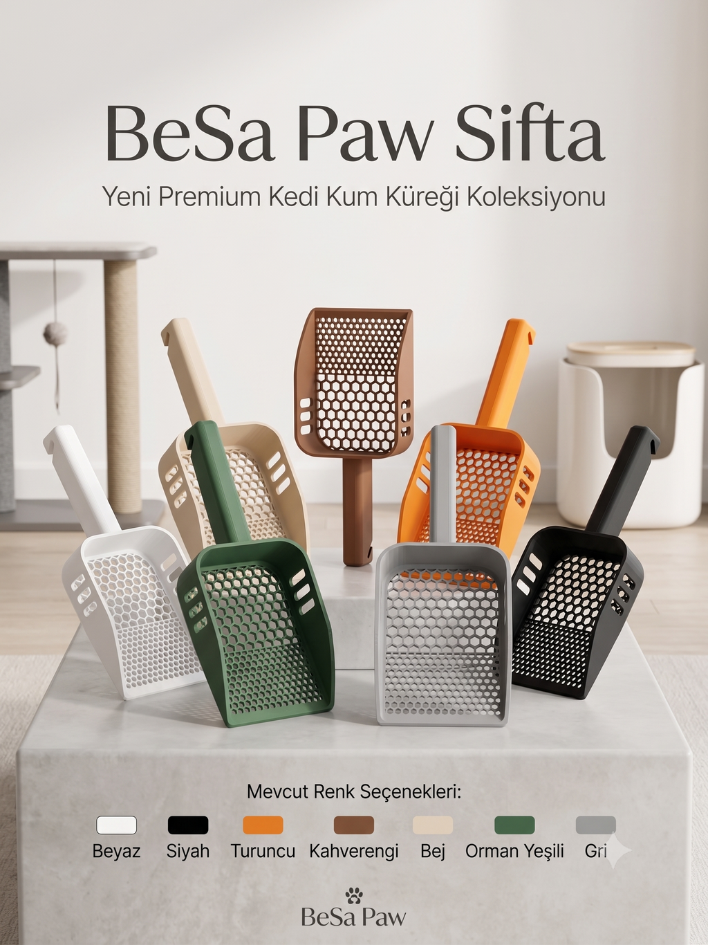 BeSa Paw Sifta Premium Kedi Kum Küreği | Ergonomik Geniş Hazneli Kum Eleği